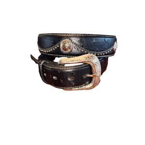 WOMEN WESTERN Black LEATHER BELT RIVETS Size 42